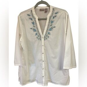 Chicos Sequined V-Neck Semi Sheer Lightweight Cotton Button-down Blouse Size 2